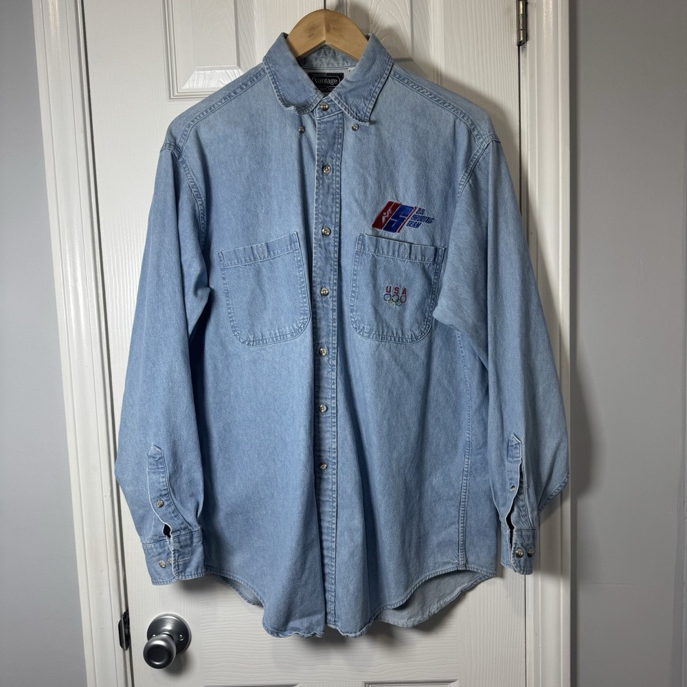 Vintage Vantage Denim USA Shooting Team Olympics Button Down Med Long Sleeve‎